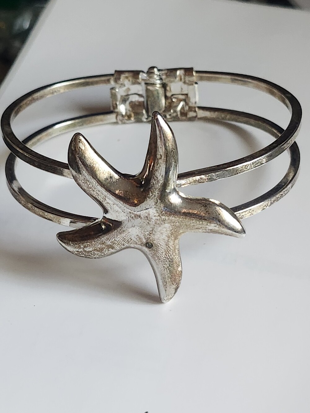Silver Starfish Double-Band Bangle Bracelet